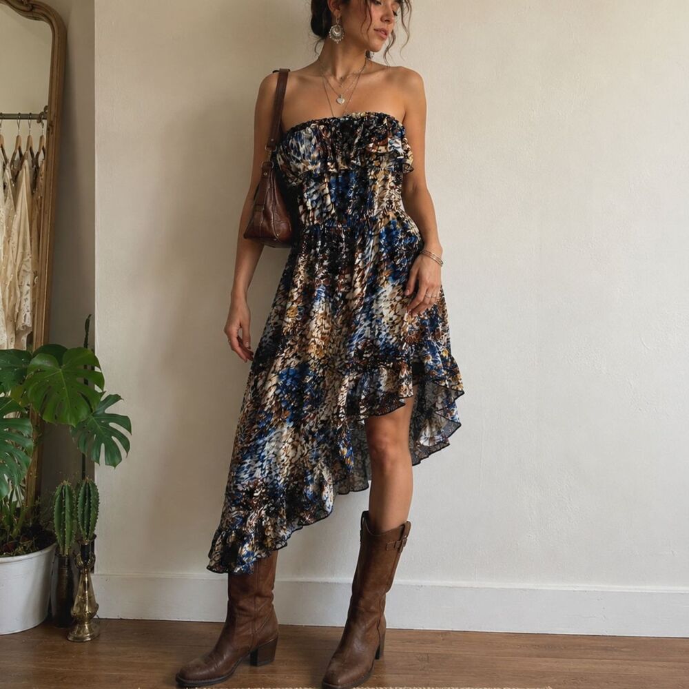 Boho Vintage Western Y2K Ruffled Asymmetrical Women’s Strapless Dress Brown Sz M